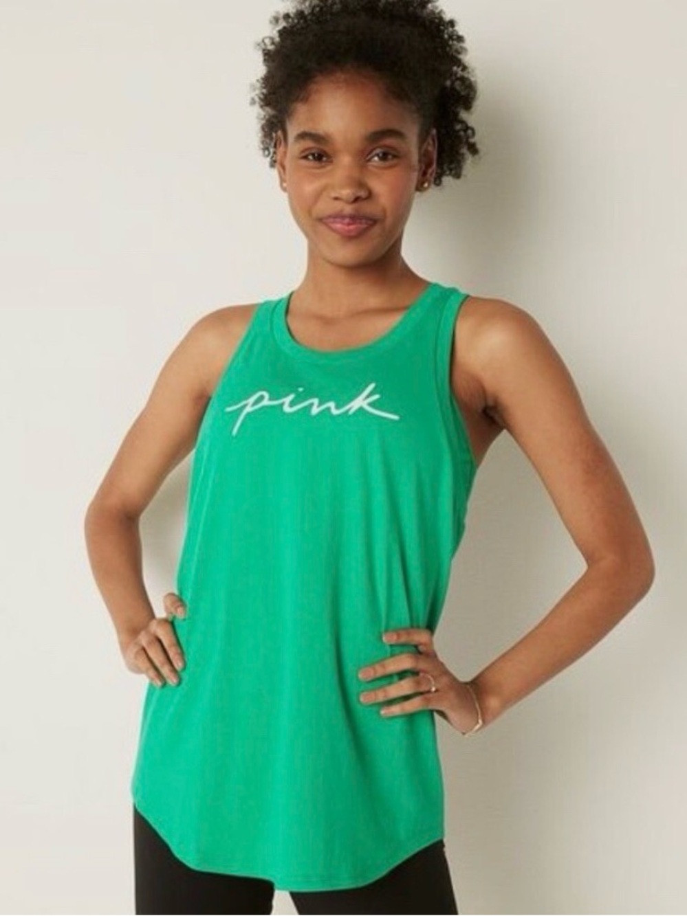 PINK Victoria's Secret Green Script Logo Racerback Tank